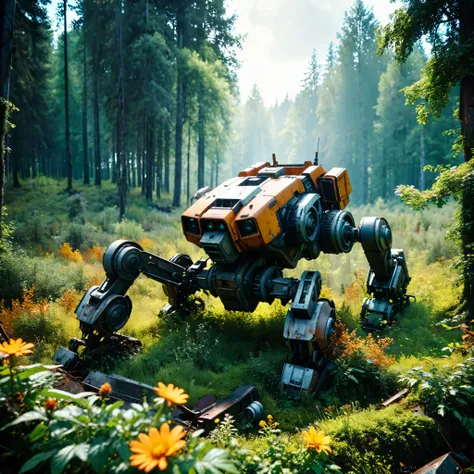 ((Masterpiece in maximum 16K resolution):1.6),((soft_color_photograpy:)1.5), ((Ultra-Detailed):1.4),((Movie-like still images and dynamic angles):1.3). | (Cinematic photo of an abandoned mech laying down at a forest), (cinematic lens), (overgrown vines), (...
