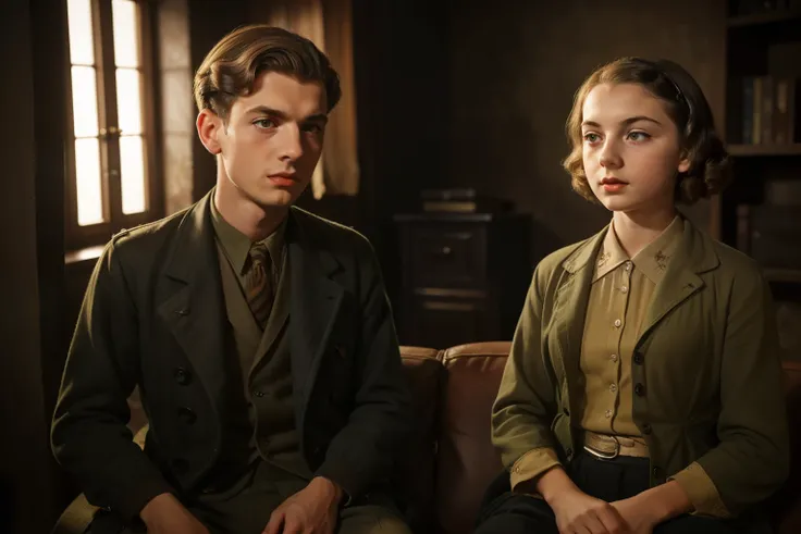 Molching, Germany, 1941. ((((25-year-old)) Max Vandenburg)), swampy eyes, thin, jew, cunning, crafty, sharp features, in the basement, talking with ((((11-year-old)) Liesel Meminger)), very thin, kind, big-hearted, dangerous dark eyes. ((((poor casual clot...