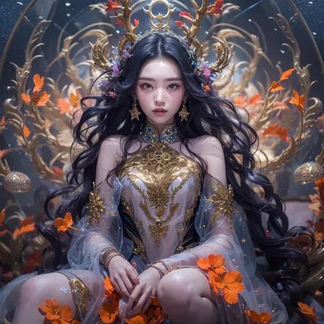 Antlers Flying Nine Tails Light Blue Heavenly Master Flame Hair Star，Moon Night black, gold and orange snake print silk trousers，Rouge Diamond Tulle Sheer Lizard Print，Girl flying in space in the snow 1:900 miniatures，Front view，pure transparency，put on bo...