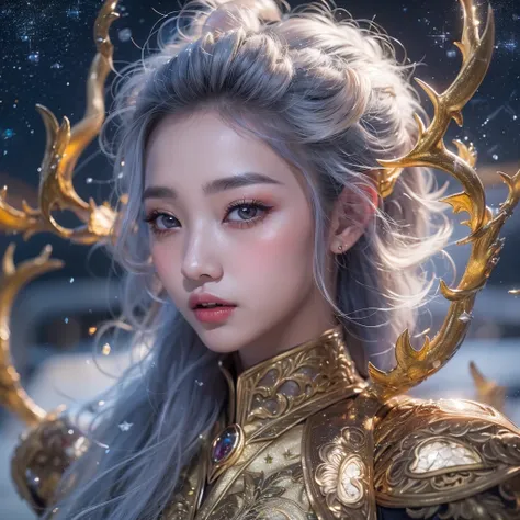 Antlers Flying Nine Tails Light Blue Heavenly Master Flame Hair Star，Moon Night black, gold and orange snake print silk trousers，Rouge Diamond Tulle Sheer Lizard Print，Girl flying in space in the snow 1:900 miniatures，Front view，pure transparency，put on bo...