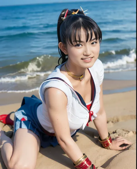 (highest quality:1.2),(perfect beautiful face:1.2),(perfect and beautiful posture:1.2),(japanese woman:1.1),ponytail, On the beach in midsummer, smile, big breasts, thick muscular body,Ultra-high precision photos,clear eyes, ((tsukino usagi:1.1))