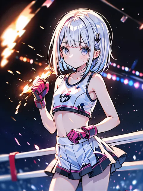 boxing、18 year old girl、Gamine、(A girl :1.2)、a navel、cute little、skirt by the、boxing、sports wear, short bob hair, karate gi