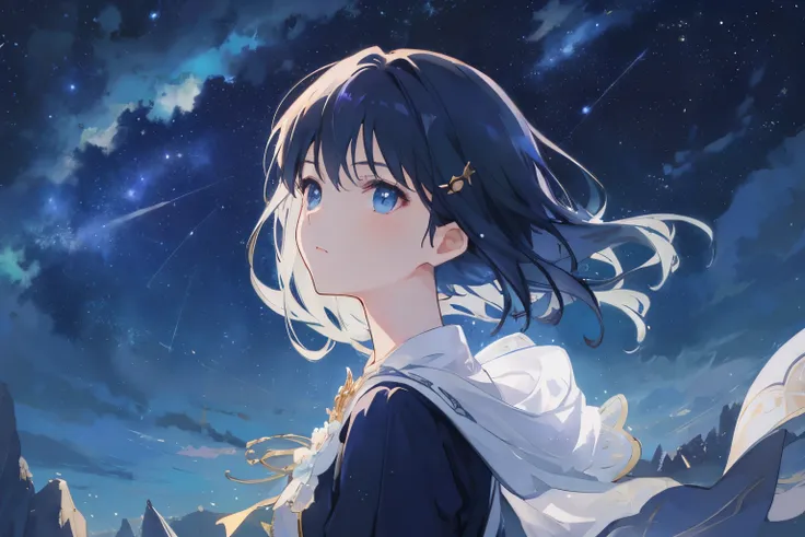 Create exquisite illustrations reminiscent of Makoto Shinkais style, It has ultra-fine details and top-notch quality. Generate a high-quality illustration featuring a beautiful girl gazing at a fantastical night sky. Ensure that the overall composition exu...