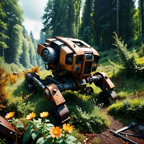 ((Masterpiece in maximum 16K resolution):1.6),((soft_color_photograpy:)1.5), ((Ultra-Detailed):1.4),((Movie-like still images and dynamic angles):1.3). | (Cinematic photo of a remains of abandoned mech laying down at a forest), (cinematic lens), (overgrown...