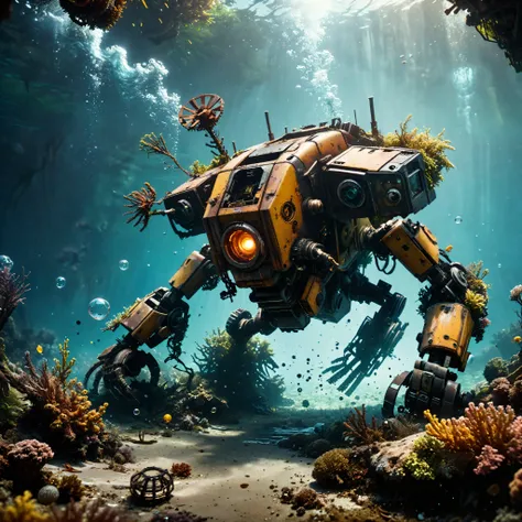 ((Masterpiece in maximum 16K resolution):1.6),((soft_color_photograpy:)1.5), ((Ultra-Detailed):1.4),((Movie-like still images and dynamic angles):1.3). | (Cinematic photo of a remains of broken mech arms laying down at bottom of the sea), (cinematic lens),...