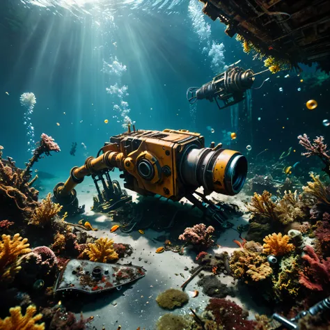 ((Masterpiece in maximum 16K resolution):1.6),((soft_color_photograpy:)1.5), ((Ultra-Detailed):1.4),((Movie-like still images and dynamic angles):1.3). | (Cinematic photo of a remains of broken mech arms laying down at bottom of the sea), (cinematic lens),...