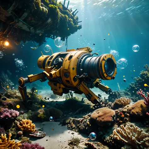 ((Masterpiece in maximum 16K resolution):1.6),((soft_color_photograpy:)1.5), ((Ultra-Detailed):1.4),((Movie-like still images and dynamic angles):1.3). | (Cinematic photo of a remains of broken mech arms laying down at bottom of the sea), (cinematic lens),...