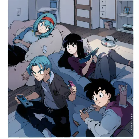 anime characters sitting on a sofa with remote control, estilo anime dragon ball