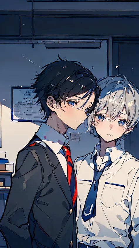 (muste piece), (best quality), very detailed, (((Two friendly high school boys:1.5))), perfect face, beautiful face, very detailed face，(short silver hair man:1.3)，(Man with short black hair:1.3)，School，classroom，student uniform，tie，long sleeve shirt