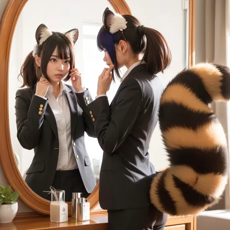 Girl in a business suit looking at herself in the mirror, pov furry art, anthropomorphic raccoon dog, (software) safe for work, commission, software version, high quality, anthro, commission on furaffinity, admire her own reflection, photograph, 最high qual...