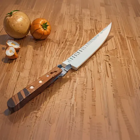 a fruit knife on a wooden table。close up，product design，tool design，product design，design diagram，simple and clear picture，high-...