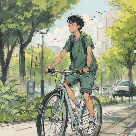 A young man，black hair，short hair，Wearing casual sportswear，Riding a bicycle on the road in the park。illustration style，Marker sketch style，Sketch portraits of people，high-definition，4k。