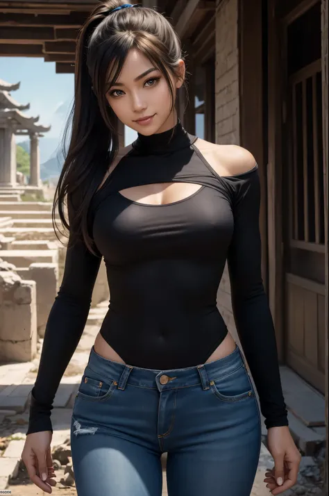 8K,Twin sisters wearing casual clothes,Super beautiful(like the real thing),My sister is short and has a glamorous figure.,big breasts,black costume,sexy,sharp eyes,black eyes,cool smile,long black perm,black jeans,Makeup,super realistic skin,My sister is ...