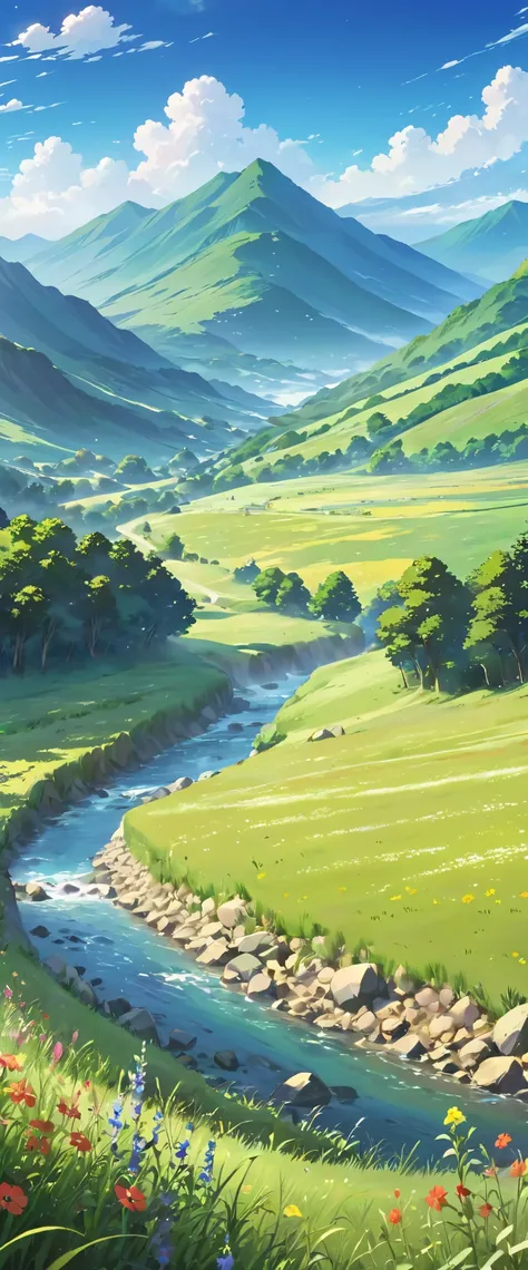 anime scenery of a mountain valley with a meadow and wildflowers, a picture by Makoto Shinkai, pixiv, fantastic realism, beautiful anime scenery, anime nature, anime nature wallpap, anime landscape wallpaper, anime countryside landscape, anime scenery, ani...
