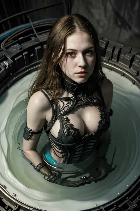 Photo of TWbabeXL01, photorealistic, by Hariton Pushwagner and Greg Tocchini, underexposure, a woman, 21 years old, pale skin, looking at viewers, medium hair, lying, upper body, from above, top view, plugged to a machine in a water tank, under water, wire...