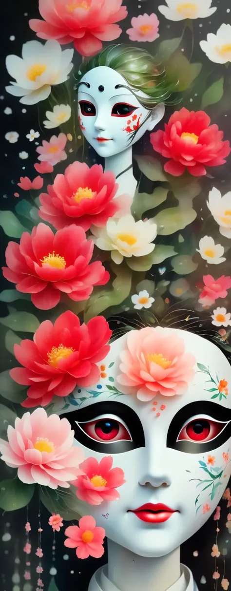 watercolor painting：1.37，wet，flowing water marks。1 puppet，Mechanical doll，empty eyes，mask among flowers，White mask surrounded by flowers，3D mask，Cut-out mask，Glowing insects，black，red，green，light and shadow，Actual situation，perfect composition，