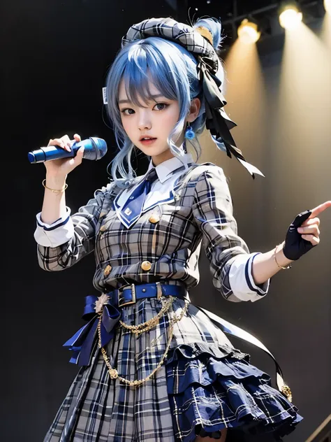 blue hair girl with blue eyes, holding a mic