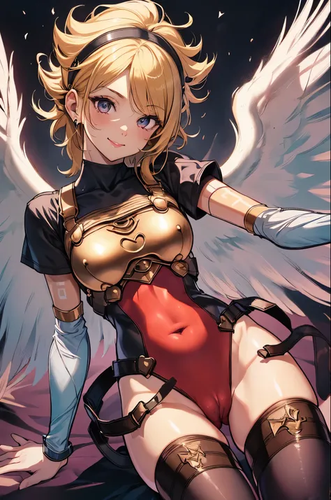 nina (bof1),1girl,((angel wings)),smile,(red leotard, armor, thighhighs), short hair,blond hair, solo,(cameltoe:1.3),top-quality,Top image quality,perfect anatomy,masterpiece,ultra-detailliert,Beautiful、ultra-quality, best quality,high resolution, ultra-de...