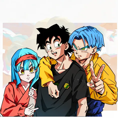 Three Dragon Ball characters posing for a photo, 1girl, 2men, beautiful girl with green hair, estilo Dragon Ball, corpo perfeito 