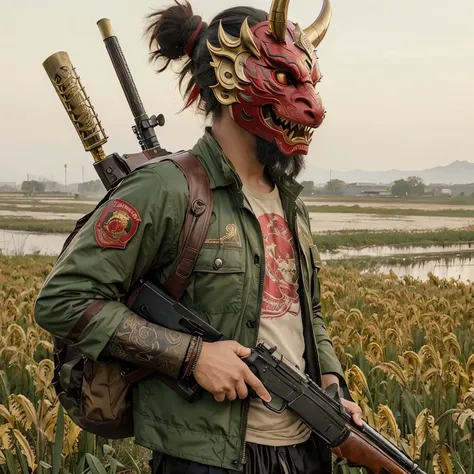 Realistic red Chinese dragon mask gold motif and Realistic shotgun,jacket army with big hood,HD