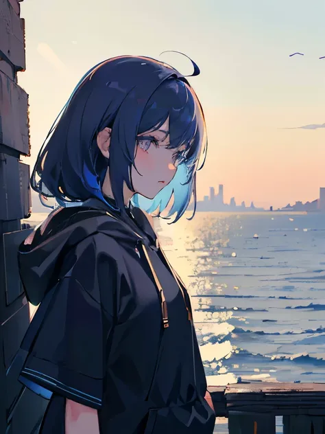 (masterpiece, side light, Super detailed, Delicate and beautiful eyes: 1.2), 1 girl, Bag, building, from the side, earphone, hood, hood down, hooded jacket, hoodie, jacket, Long silhouette, blue hair，alone, seaside，Look at the sea，light and shadow，afternoo...