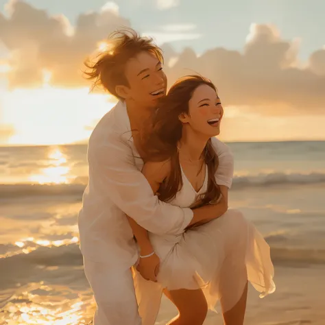 they are having fun on the beach at sunset, happy couple, during sunset, smiling couple, during golden hour, bottom angle, with sunset, golden hour in boracay, on the beach during sunset, a still of a happy, shining golden hour, shot at golden hour, romant...