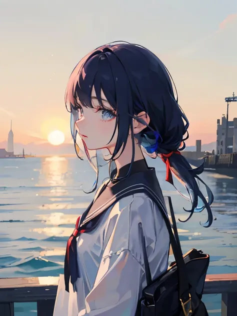 (masterpiece, side light, Super detailed, Delicate and beautiful eyes: 1.2), 1 girl, Bag, building, from the side, earphone, 头戴式earphone, jacket, Long silhouette, blue hair，alone, seaside，Look at the sea，light and shadow，afternoon，soda，喝soda，Look at the se...