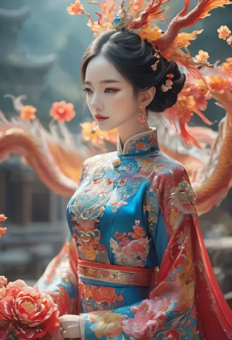 draw embroidery work，dragon embroidery，chinese clothing design，silk fabric，symmetrical style，full body queen、colorful art flowers、Super detailed and detailed images、the flowers are shining、Her eyes are also glowing blue、