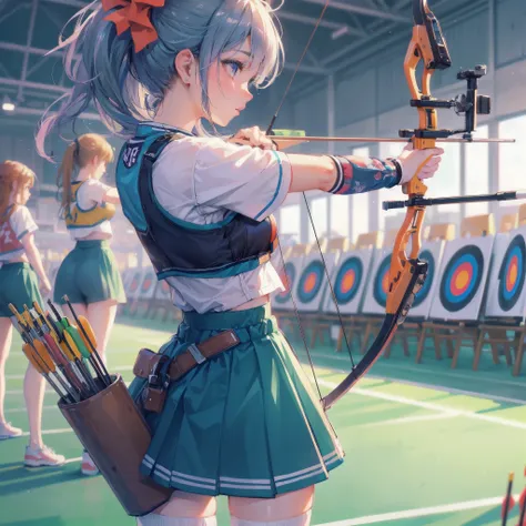 high quality,HD,16k,sharp lines,1 girl,Female archery athlete ,cute face, large breasts, nice legs,At the archery venue,focus girl,detailed beautiful face,detailed clothes,beautiful eyes,cool,dynamic angle