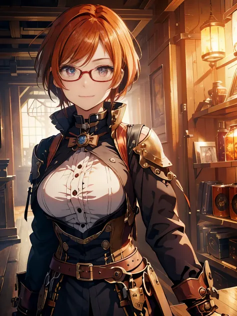 cinematic angle、 steampunkな世界、(steampunk)、steam raising machine、steam rises、Lots of steam machines、High level image quality、red-purple eyes、 short hairstyle、straight short、orange hair、cute girl、wearing glasses、、dark tone、slight smile, bright colors、Upper b...