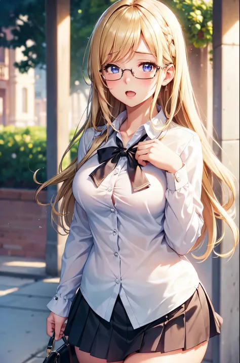 (High quality, High resolution, Fine details), (University Campus), Wearing glasses, Ruffled blouse, Miniskirt, solo, curvy women, blond hair, (Tied hair:1.2), sparkling eyes, (Teary eyes), (Detailed eyes:1.2), Open mouth, Nervous, blush, Oily skin, shallo...