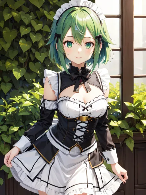 super detailed, high resolution、grassland、green hair, sinon, short hair、1 girl, smile, bright eyes、open chest、gothic lolita clot...