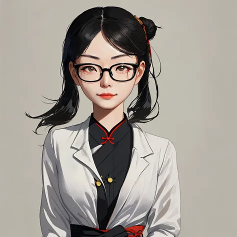 The face is that of a Chinese woman wearing round glasses with black frames