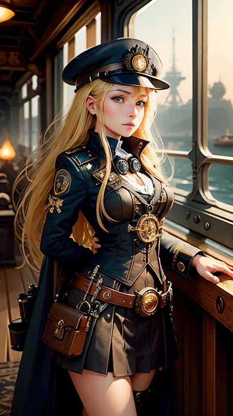 steampunkai。highest quality。masterpiece。detailed details。one woman。long blonde hair。naval officer。long skirt。(hold binoculars with both hands)。There are several officers and sailors around.。The background is the bridge of an old battleship.。