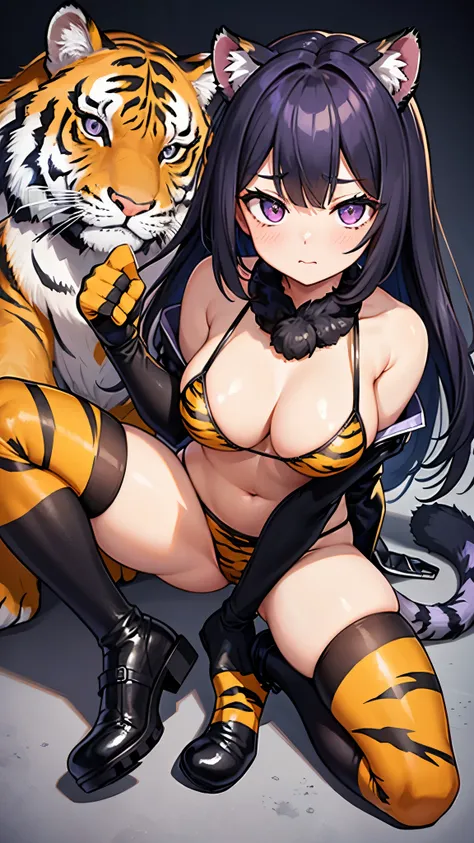 black_hair,multicolored_hair,light_purple_eyes,beautiful_hair,beautiful_eyes,1_beautiful_girl,cute_face,beautiful_face,beautiful,best_quality,good_anatomy,paw_gloves,tiger_pattern_bikini,tiger_pattern_tights,tiger_ears,tiger_tail,tiger_pattern_boots