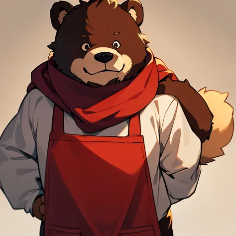 A bear like a human, hes had a soft brown colour, wearing white t-shirt long sleeves, wearing a red apron too and he has a scarf wrapped around his neck. Hes fluffy