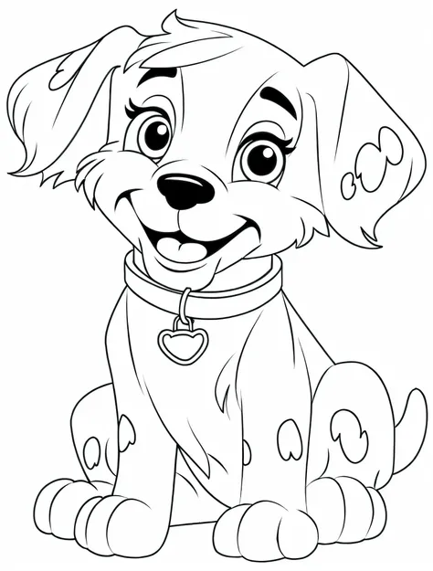 a cartoon dog with a collar and collar collar sitting down, colouring page, clean coloring book page, coloring book outline, coloring book page, line art colouring page, colouring - in sheet, black and white color only, colouring pages, black and white col...