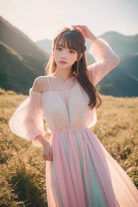 Dried flower、beautiful japanese girl。Creates a high-quality feminine image with an innovative artistic atmosphere that stands out in pastel colors。she has her own fashion style、Wearing bright and soft pastel colored costumes。Against the backdrop of a fanta...