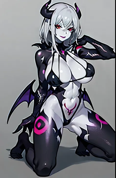 One girl, A MILF,(Best Quality), ((pale skin)))), (Huge breasts)), Colossal tits,Gray hair, Ultra detailed skin, High resolution, super detailed,((Vulgar)), Afterglow,(Dark Persona),Smirk,Full body,Torn Micro Bikini,Diabolical,black tattoo,Obscene lines,((...