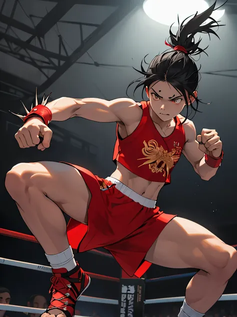 Girl with teenage appearance,medium black hair,white bright eyes Warrior expression In muay thai fighting processions,It has thorns on its feet and shins that it uses to hit the opponent with kicks. typical fighting outfit 