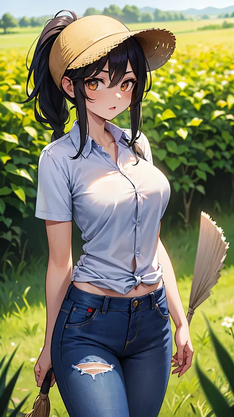 Country woman, outside in a field, perfect anatomy, (working in field, sweating, hot, wiping sweat from brow), messy ponytail, (plaid button up shirt tied in front), hat, ripped jean shorts, large breasts, feet showing, Big eyes, Amber eyes, dark hair, bra...