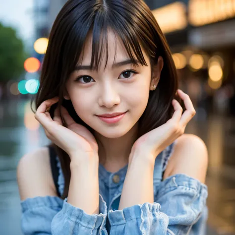 Best-quality, Masterpiece, Ultra-High-Resolution, (Photorealistic:1.4), Raw-Photo, Extremely-Details, Perfect-Anatomy, 1girl, 15-years-old, the most famous Japanese idol, at heavy-rainy street, innocent-smile, looking at viewer, extremely cute face like th...