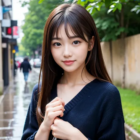 Best-quality, Masterpiece, Ultra-High-Resolution, (Photorealistic:1.4), Raw-Photo, Extremely-Details, Perfect-Anatomy, 1girl, 15-years-old, the most famous Japanese idol, at heavy-rainy street, innocent-smile, looking at viewer, extremely cute face like th...