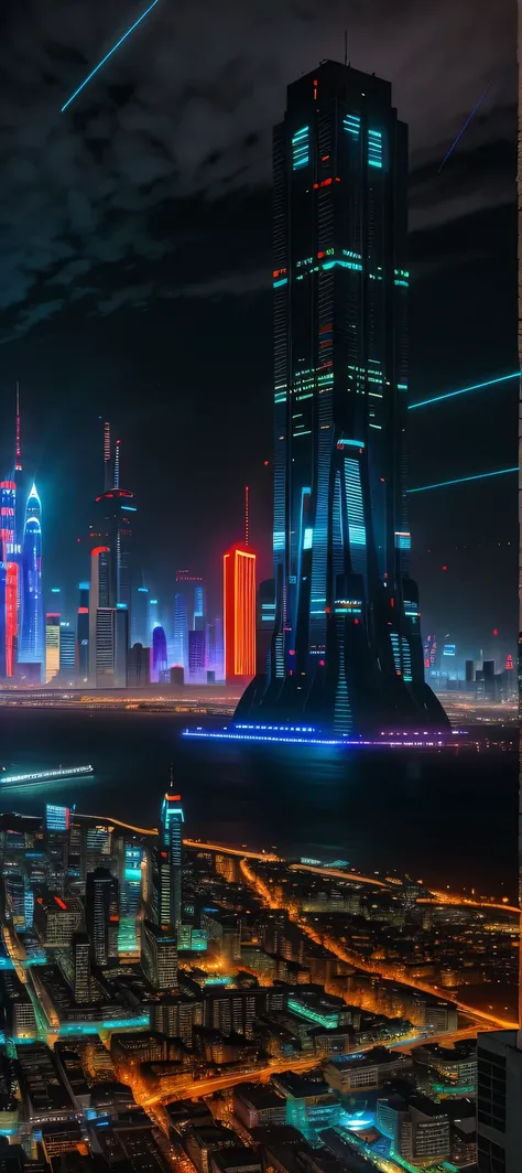 The painting depicts a surreal and futuristic landscape, A blend of awe-inspiring beauty and terror. The sky is deep, Pulsed red, The clouds seem to be alive，On the move. In the distance, Great city view view, towering skyscrapers, Neon lights, and a row o...