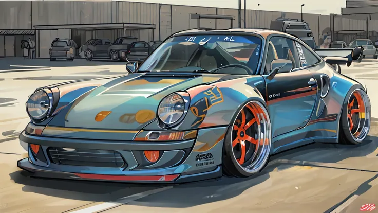 porsche 911 rwb, wide body, sketch, 
cartoonish, comic strip, chip foose car rendering, chrome wheels, bagged, slammed to the gr...