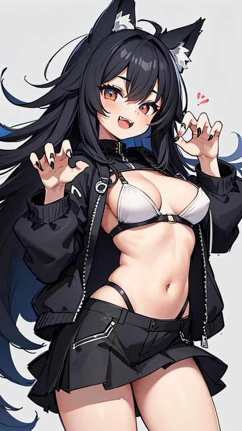 masterpiece, best quality, ultra-detailed, beautiful, nai3, 1girl, solo, smile, wolf girl, wolf ears, wolf tail, fluffy, messy hair, black hair, fangs, open mouth, :d, open jacket, claw pose, sharp fingernails, black nailoe artstyle:1.2), (scribble lineart...