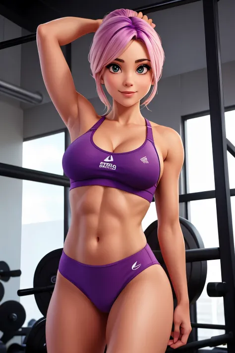 Uma garota sexy com cabelos castanhos, she is training at the gym, she is wearing purple bra and panties