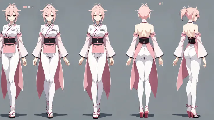 (2D character design), character sheet, 20, Female, Pink Hair, Waist-length, Japanese-inspired Attire, (generate three-view-sides), (front view first), (left view next), (back view last), full body, anime style, simple color, clean white background, textur...