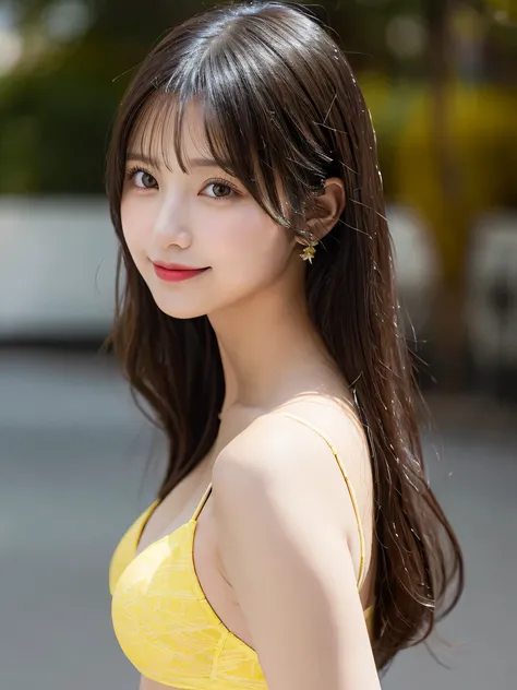 highest quality, shape, Super detailed, finely, High resolution, 8k wallpaper, 完璧なダイナミックな構shape, beautiful and detailed eyes,yellow bikini,long hair,Big Tits Natural Color Lip、20 year old girl、cute、sexy shot looking at camera、Transparency、smile、standing po...