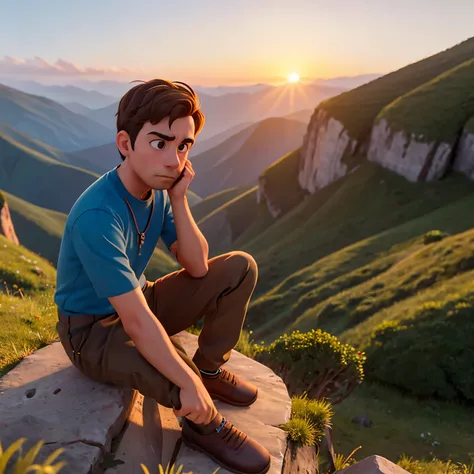 Man feeling hopeless and down sitting on top of mountain on the right side and theres sunset during that time.. the face should be not seen and he is sad..